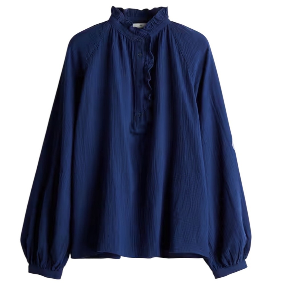 H&M Blouse Small Navy Blue Cotton Gauze Ruffle Neck Balloon Sleeve Boho Cottage - Picture 2 of 10